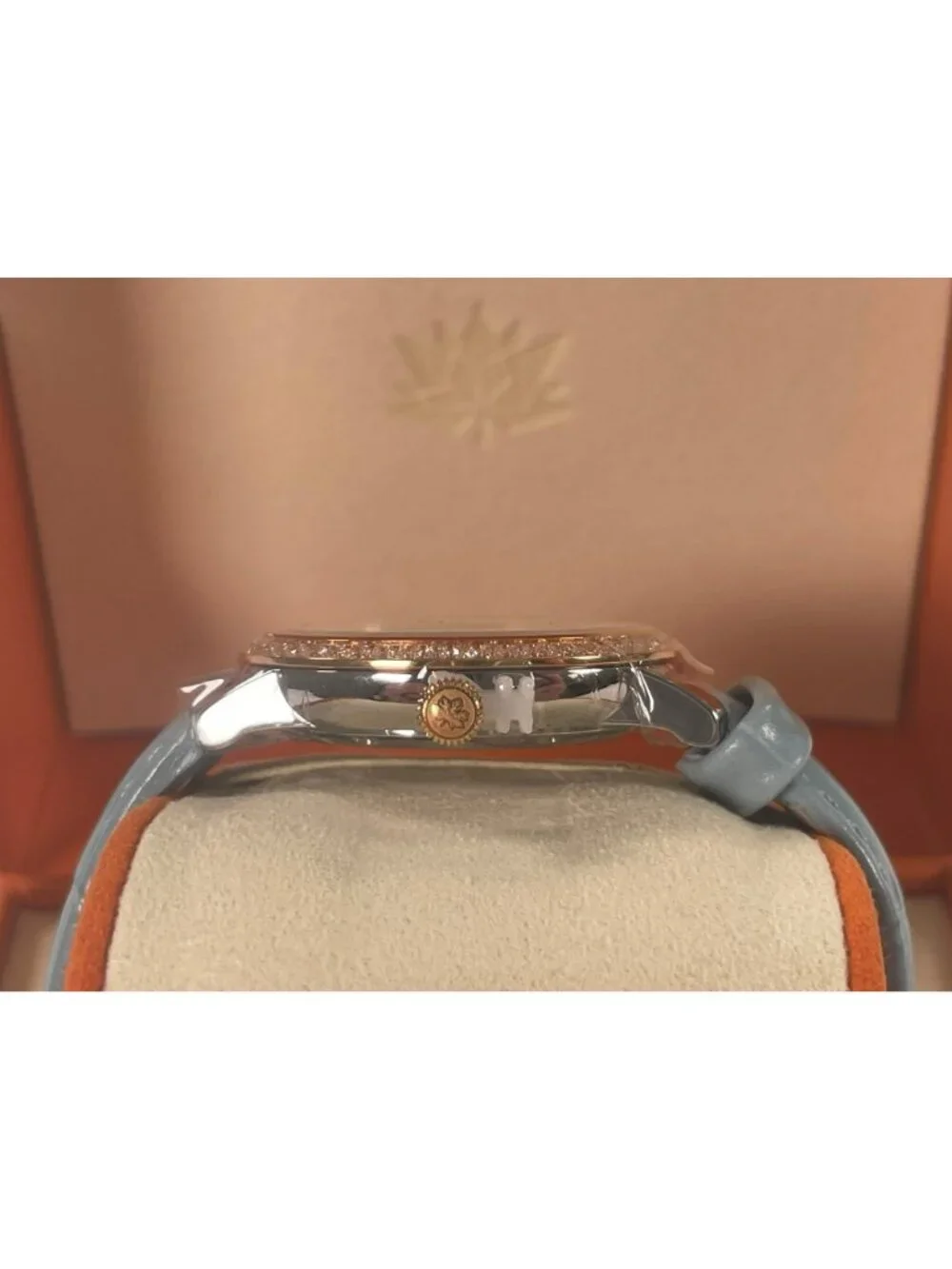 Golden Maple Ladies Watch Light Blue Leather Strap Rose Gold Bezel Swiss NEW